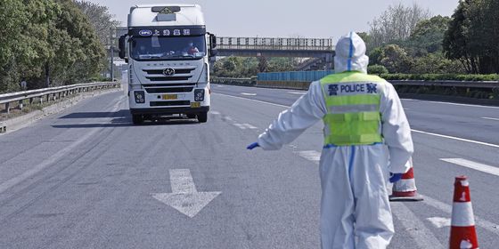 Trucker stopping at checkpoint